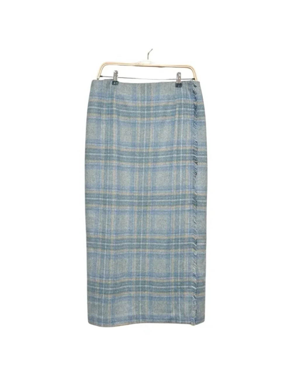 VTG 90s Talbots Sz 14 Blue Wool Plaid Fringe Heritage Pencil Wrap Midi Skirt
